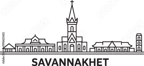 Savannakhet laos city skyline line art featuring traditional temples and french colonial church