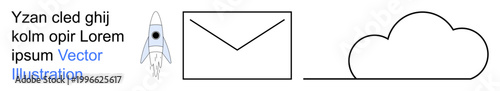 Technology, cloud storage, email communication, space exploration, innovation, digital future. Rocket, outlined envelope and cloud design with placeholder text. Technology and cloud storage concept