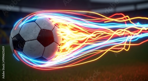 football with vibrant light trails on stadium background