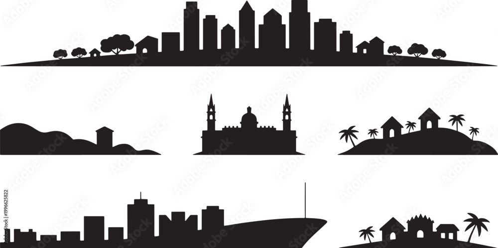 Obraz premium Suburban neighborhood silhouette with houses and trees on transparent background