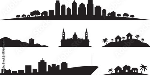 Suburban neighborhood silhouette with houses and trees on transparent background