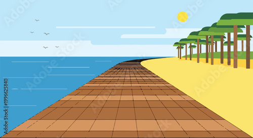 A serene beachside boardwalk with trees
