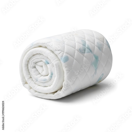 Rolled White Quilted Blanket with Blue Patterns on White Background