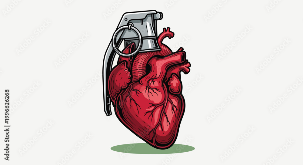 Foto Explosive Heart Grenade Symbolizing Love and Danger.