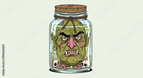 Green Goblin Head Preserved in Jar with Skulls.