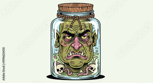 Quadro su tela Green Monster Head Preserved in a Glass Jar with Skulls.