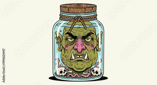 Photos Green Orc Head Preserved in Jar with Skulls and Snakes.