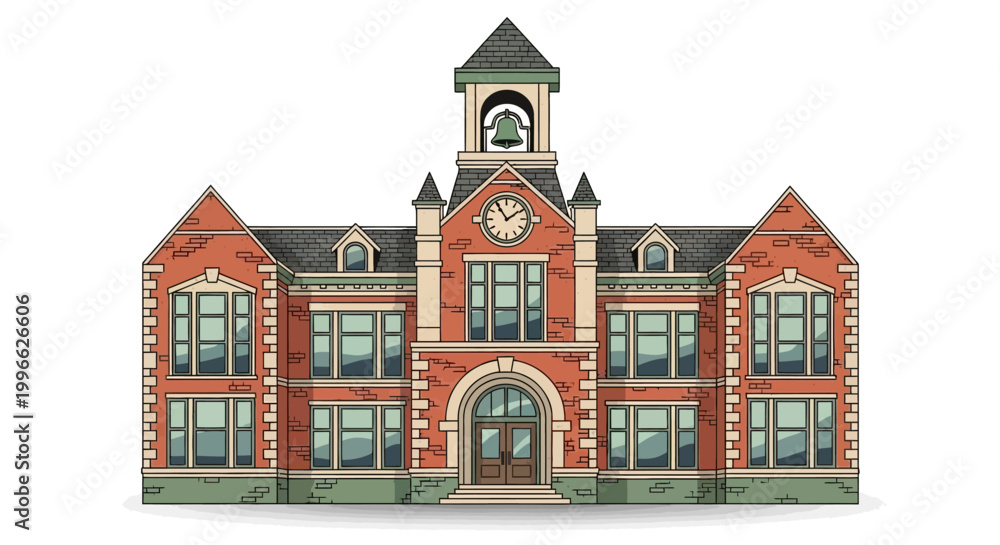 Fototapeta premium Classic Red Brick School Building with Bell Tower and Clock