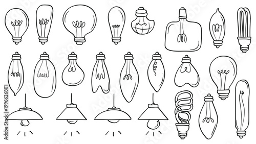 Light Bulb Line Doodle Set Hand Drawn Idea.Vector Illustration