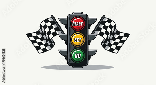 Traffic Light with Checkered Flags Signaling Start of Race.