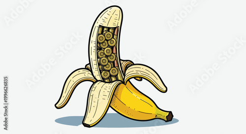 Surreal Banana Filled with Bullets Illustration.