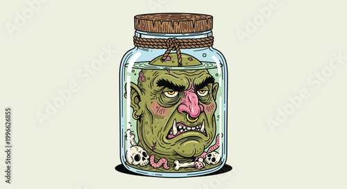 Troll Head Preserved in Jar with Skulls and Bones.