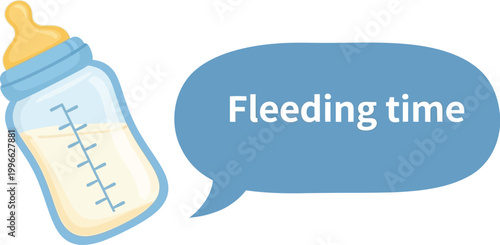 Baby bottle with a speech bubble text overlay serves as a conceptual graphic for infant feeding schedules.