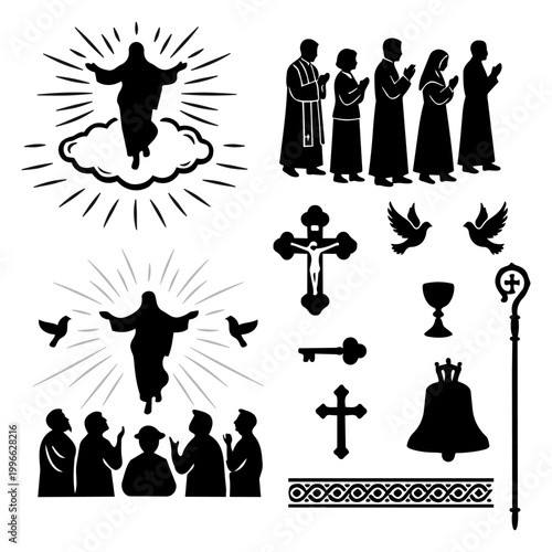  Hand Drawn Jesus Christ Christianity Silhouette Elements.Vector Illustration