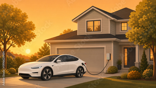 Electric Vehicle Charging at Suburban Home Driveway