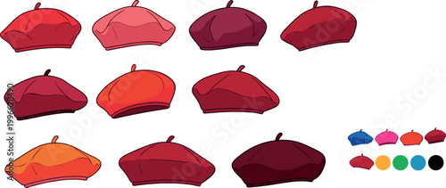 Beret hat collection in different colors with stylish fashion headwear variations for clothing, accessory, and modern outfit illustration design