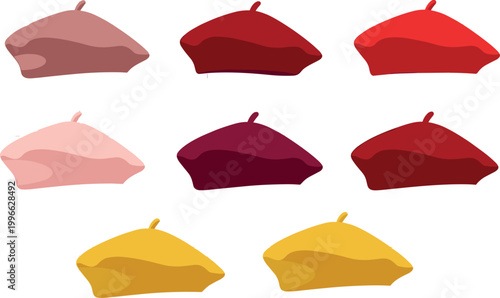 Beret hat set with flat minimal design in various colors for fashion, accessory, and modern clothing illustration projects