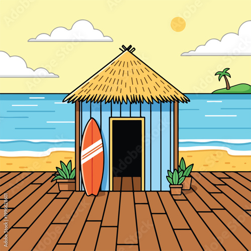 Tableau sur toile A beach hut with a surfboard on a wooden deck