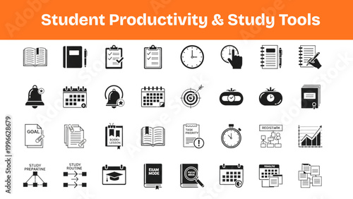Student Productivity Silhouette Icon Set Study Planning Time Management Vector 20 Icons Collection