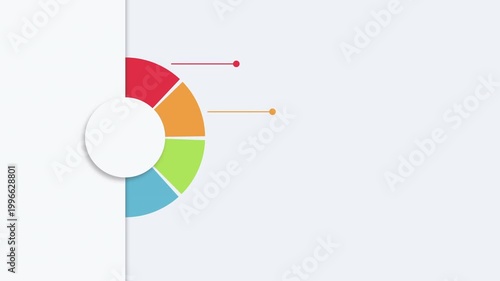 Animated 4-segment donut chart with callout lines and copy space on light background. Perfect for infographic templates and business presentations. 4K.