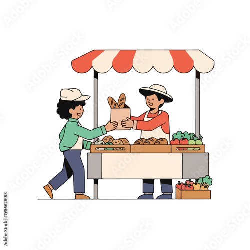 Customer buys bread from vendor at market stall.