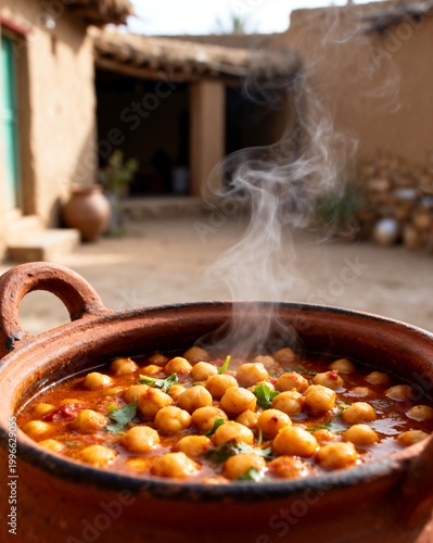 Steaming Chana Masala in Clay Pot Outdoors, Authentic Indian Cuisine