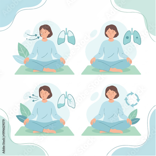 Illustration of a woman practicing yoga in different poses with lungs and leaves, conveying a healthy and peaceful mood.