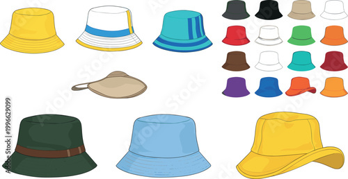 Bucket hat vector collection featuring various colorful summer hats and styles isolated on light background for fashion and streetwear design
