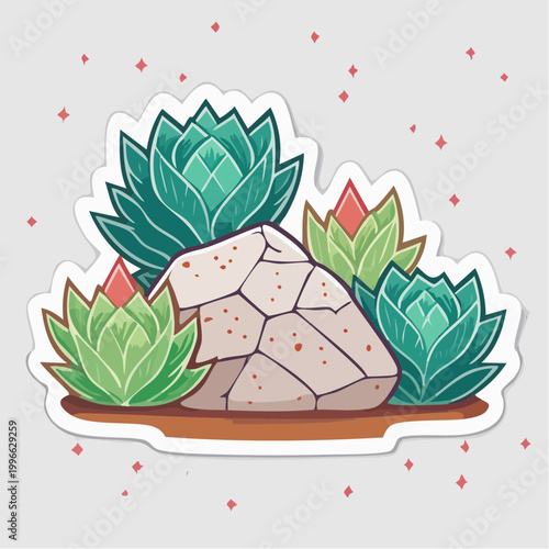 Stylized Succulents and Rock Illustration