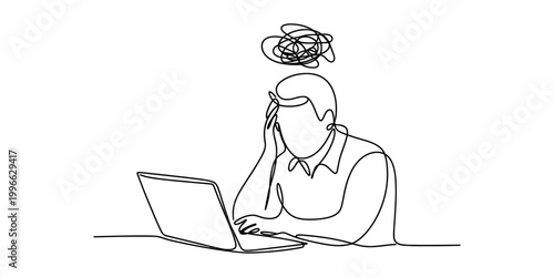 Stressed man working on a laptop with a messy mind doodle concept in a continuous one line drawing style Vector, illustration
