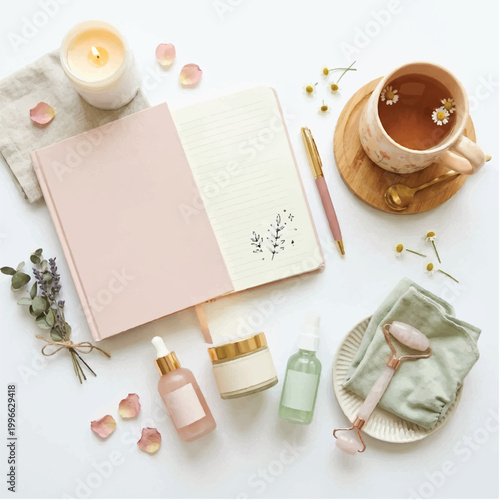 Overhead view of a skincare routine setup with a pastel-colored journal, tea, candles, and various beauty products on a white surface with a calming ambiance.