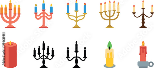 Candelabra and candle collection with classic and decorative lighting elements for festive celebration, interior decor, and vintage illustration design