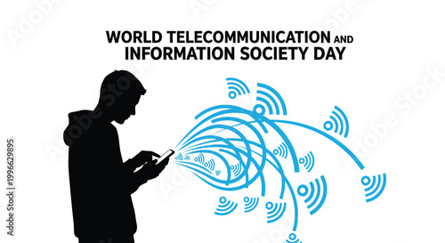 Silhouette of a young man using a smartphone for world telecommunication and information society day