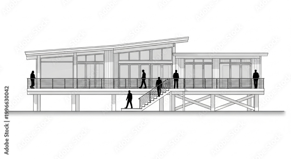 Fototapeta premium Modern Elevated Building Facade CAD Elevation with Ramp Access, Glass Panels and Structural Stilts