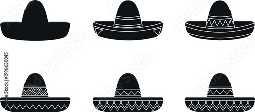 Sombrero hat icons set traditional Mexican headwear with decorative patterns black silhouettes cultural vector illustration collection