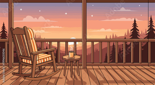 Foto A serene cabin porch with a rocking chair overlooking a sunset
