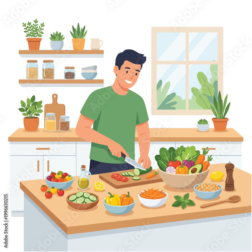 A man chopping vegetables on a kitchen counter with various ingredients and plants in a bright and clean environment.