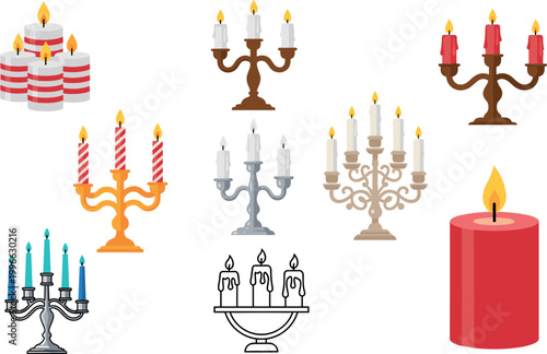 Candle and candelabra collection with decorative lighting elements in various styles for festive celebration, interior decor, and cozy atmosphere design