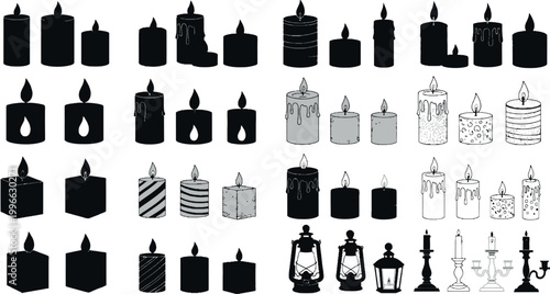 Candle icons set various wax candles with flames silhouettes and outlines romantic light elements vector illustration collection