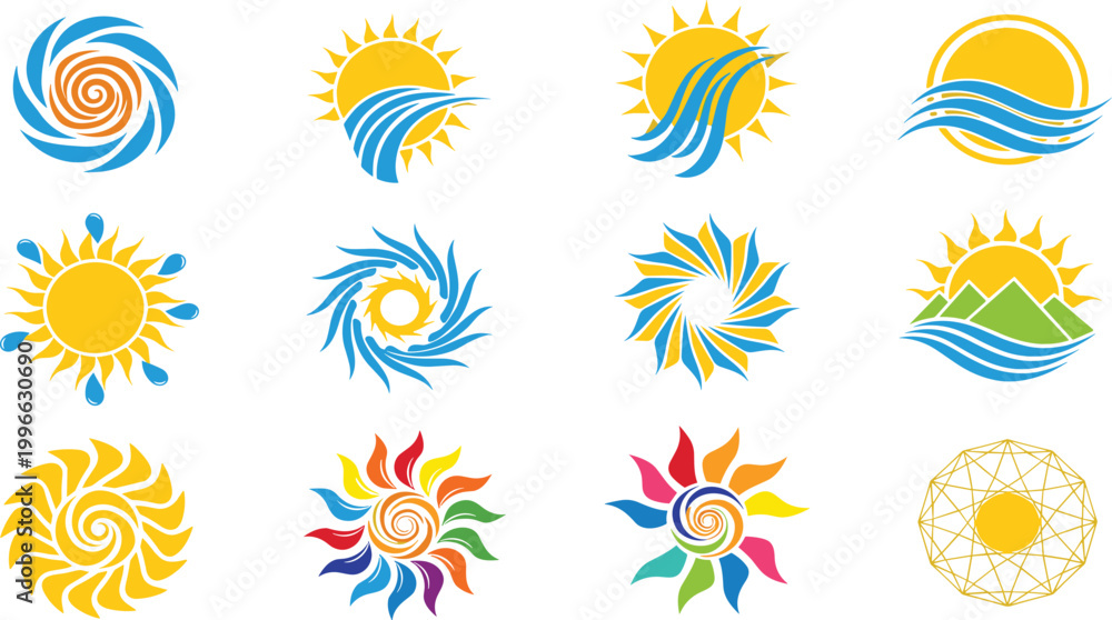 Obraz premium Sun and Wave Abstract Logo Set Featuring Spiral Sunbursts, Ocean Waves, Summer Energy Symbols and Nature Inspired Elements for Travel and Eco Branding Design.