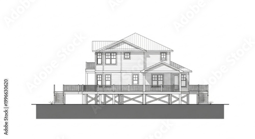 Elevated Coastal House CAD Elevation with Timber Deck, Cross Bracing Stilts and Wraparound Porch Design
