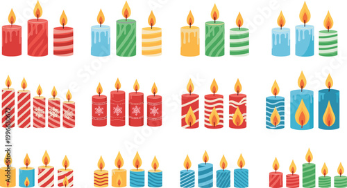 Candle collection with festive decorative designs in various colors for holiday celebration, Christmas decor, and cozy atmosphere illustration