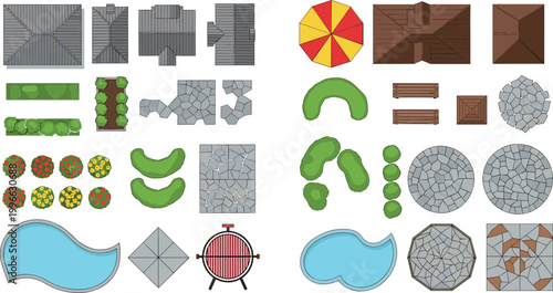 Collection of Isometric Outdoor Map Tiles Paving Stones Trees Benches and Garden Decor