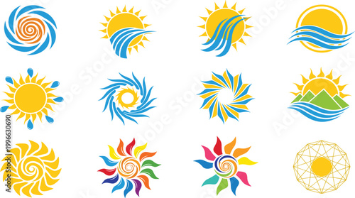 Sun and Wave Abstract Logo Set Featuring Spiral Sunbursts, Ocean Waves, Summer Energy Symbols and Nature Inspired Elements for Travel and Eco Branding Design.