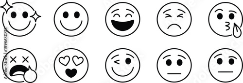 Emoji, doodle face icon set with hand drawn sketch style, emotion mood expressions happy sad smile comic line emoticon vector illustration.