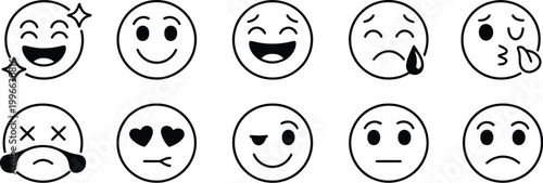 Emoji, doodle face icon set with hand drawn sketch style, emotion mood expressions happy sad smile comic line emoticon vector illustration.