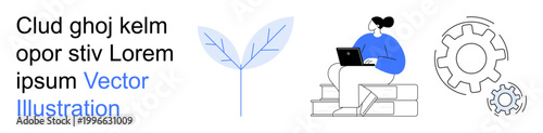Remote work, technology, teamwork, process innovation, environmental design, productivity. Woman seated on steps with a laptop, next to gears and a leaf graphic. Remote work and technology concept