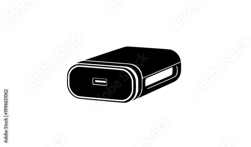Minimalist black and white vector illustration of a portable external hard drive or power bank