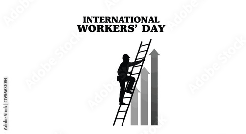 International Workers' Day illustration with a determined worker climbing a ladder towards success.