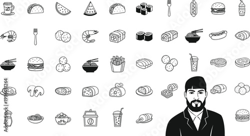 Fast Food and Street Food Line Icon Set with Various Snacks, Burgers, Drinks, and Vendor Character Illustration for Menu Design and Restaurant Graphics